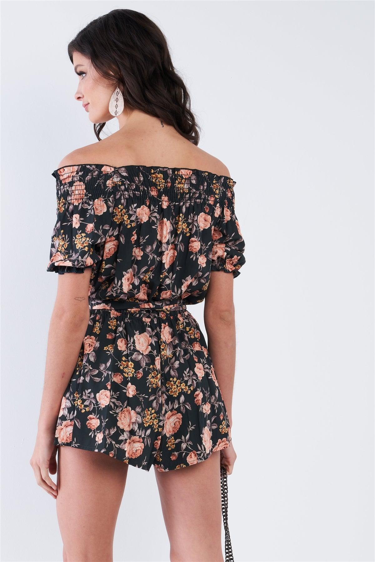 Hunter Green Off The Shoulder Puff Sleeve Rose Print Romper /3-2-1