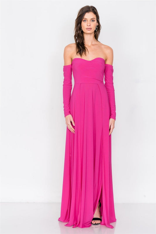 Magenta Off-The-Shoulder Elegant Double Slit Maxi Dress