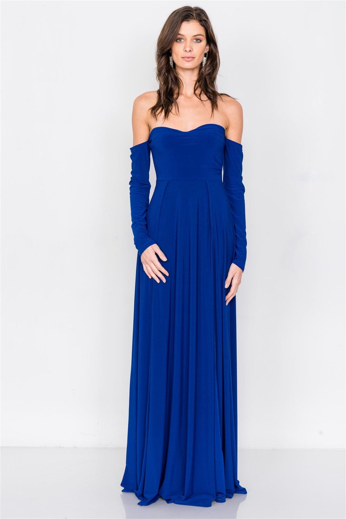 Royal Blue Off-The-Shoulder Elegant Double Slit Maxi Dress