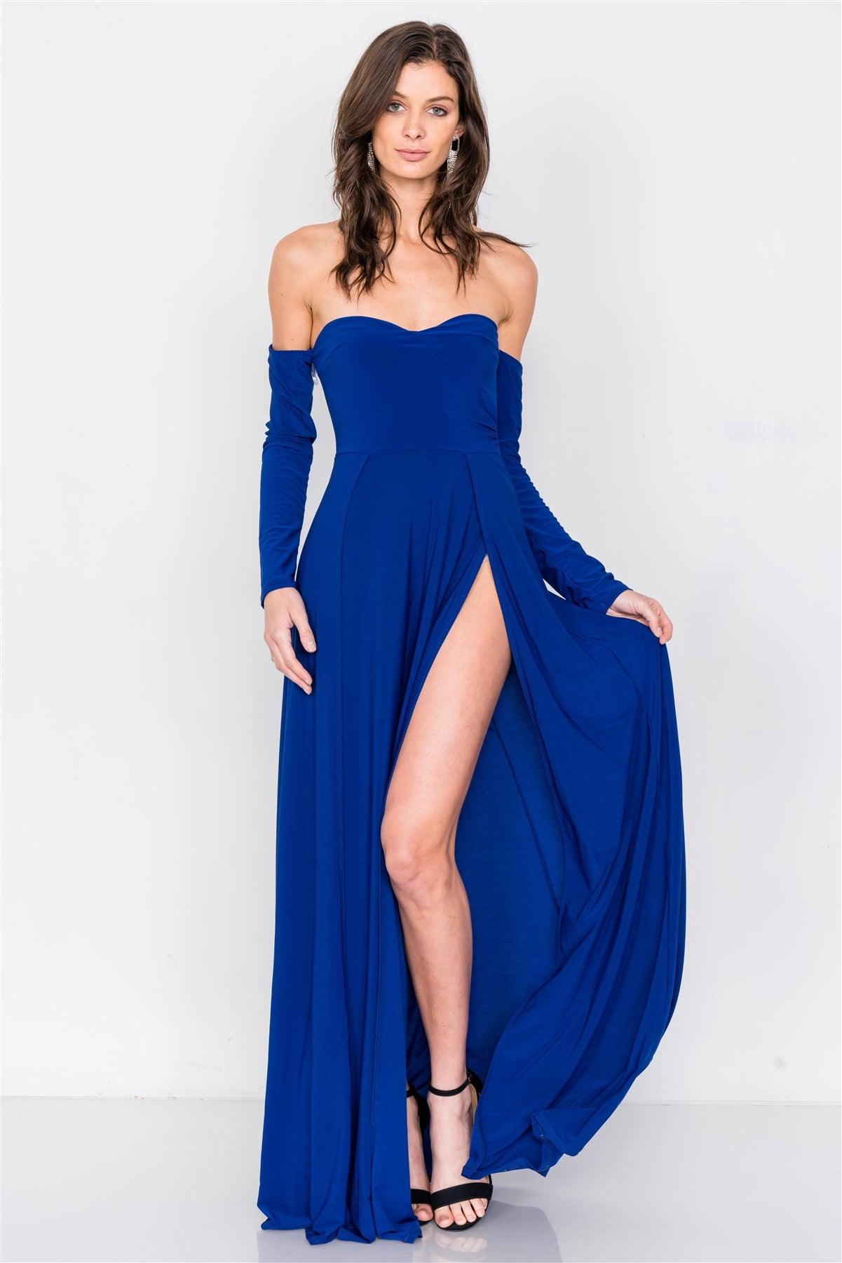 Royal Blue Off-The-Shoulder Elegant Double Slit Maxi Dress