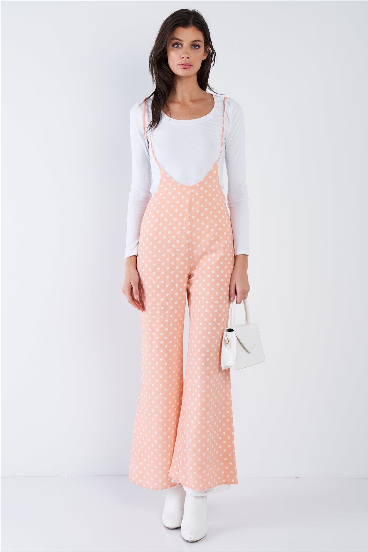 Blush Pink & White Polkadot Self Tie Spaghetti Strap Wide Leg Jumpsuit  /1-1-2-1