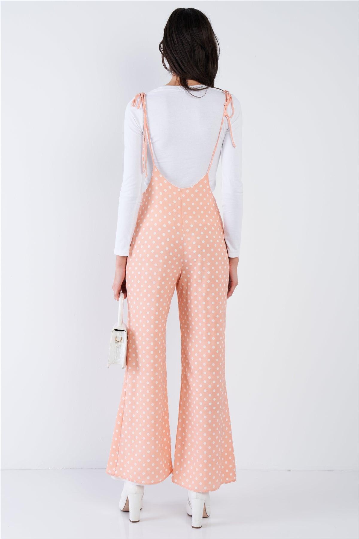 Blush Pink & White Polkadot Self Tie Spaghetti Strap Wide Leg Jumpsuit  /1-1-2-1