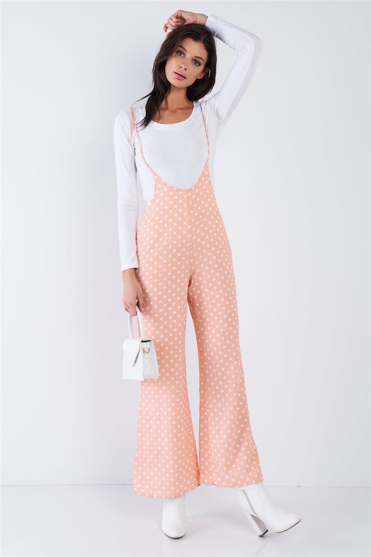 Blush Pink & White Polkadot Self Tie Spaghetti Strap Wide Leg Jumpsuit  /1-1-2-1