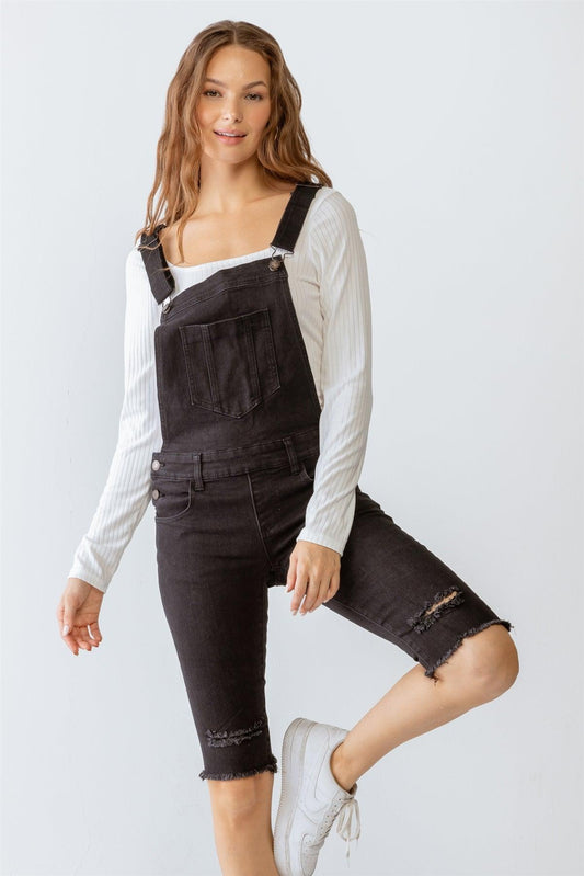 Black Denim Distressed Detail Raw Hem Cropped Bermuda Overall /3-2