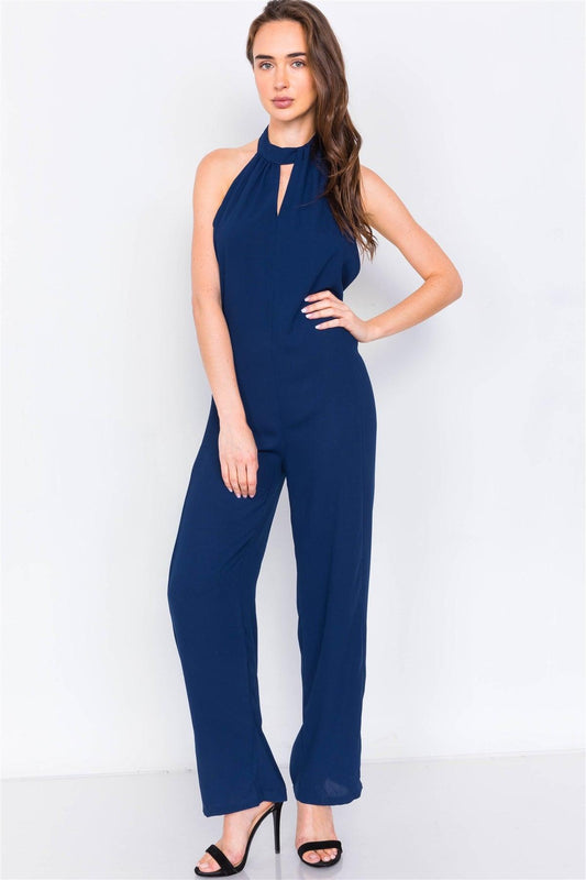 Navy Open Back Mock-Neck Evening Jumpsuit