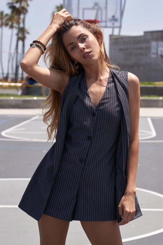 Grey Stripe Button Down Sleeveless Romper