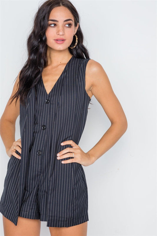 Navy Stripe Button Down Sleeveless Romper