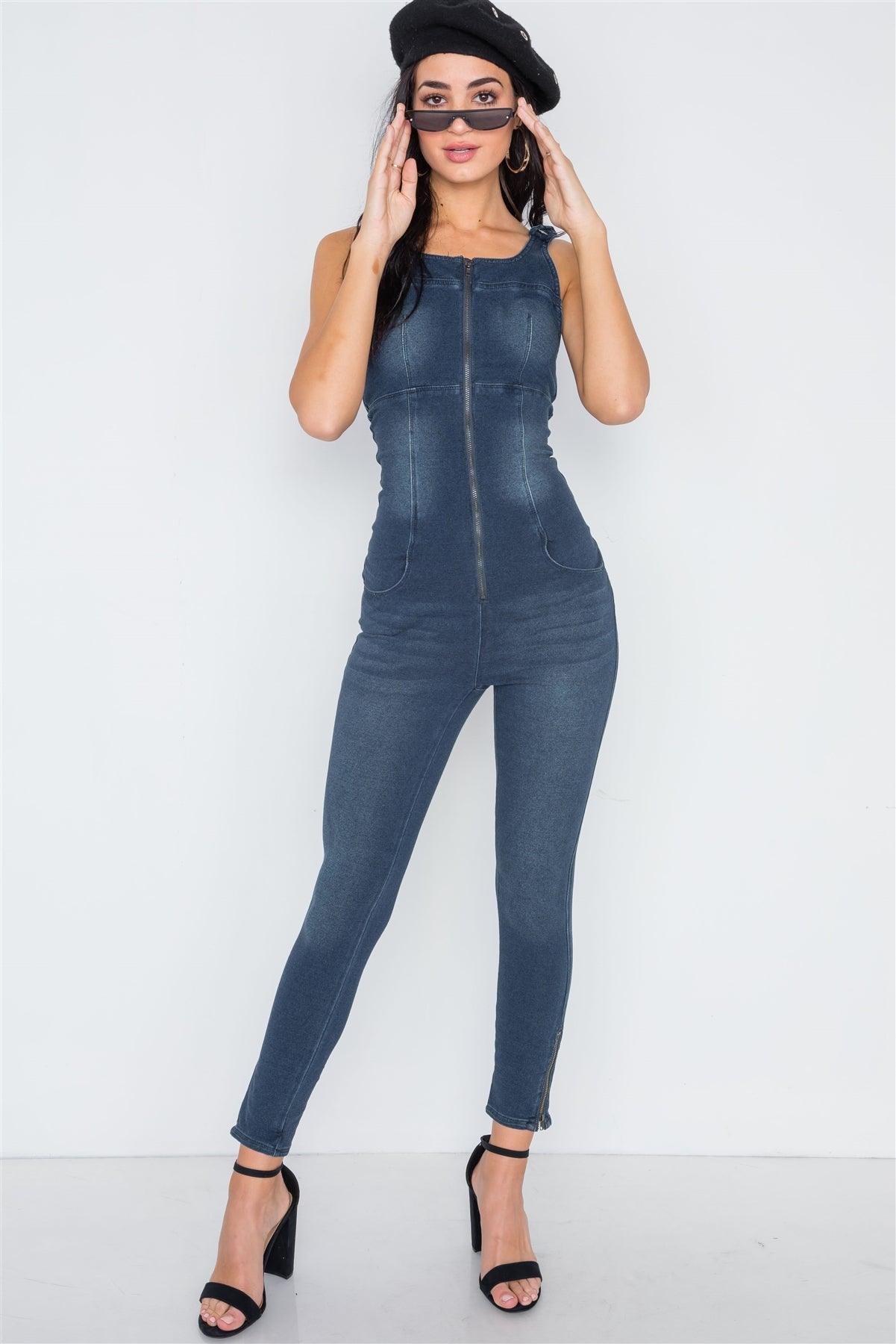 Dark Denim Stretch Zip Up Skinny Leg Jumpsuit /2-3