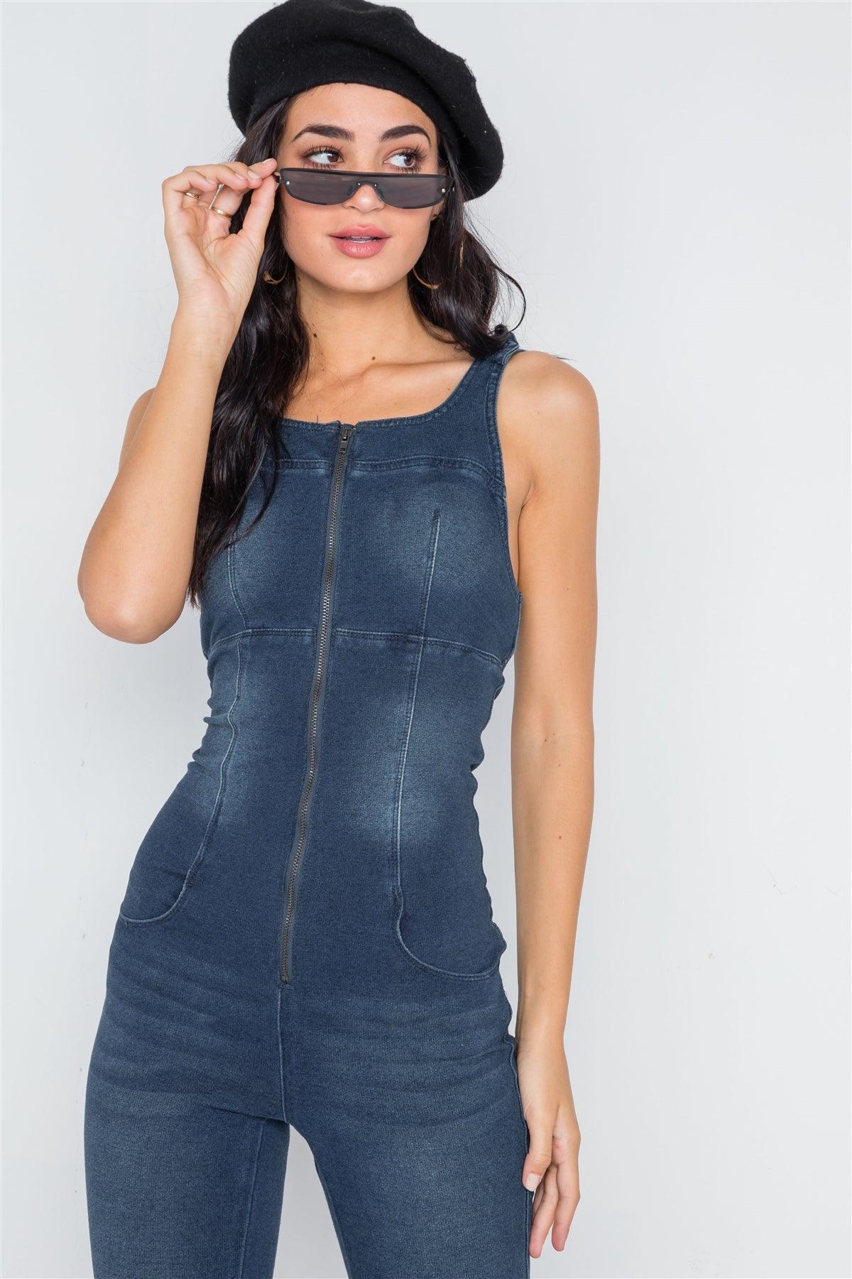 Dark Denim Stretch Zip Up Skinny Leg Jumpsuit /2-3