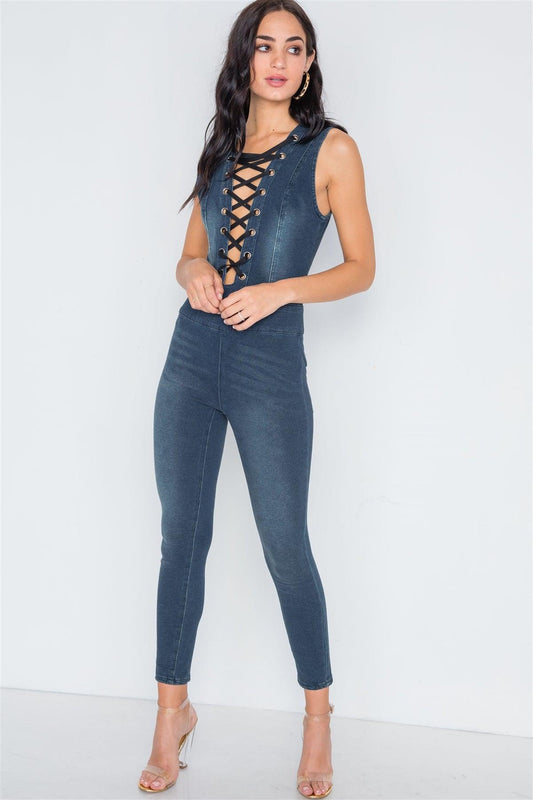 Dark Denim Stretch Lace Up Bodycon Jumpsuit /3-2-1