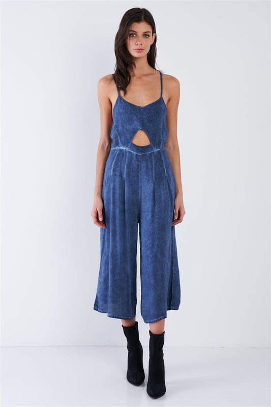 Navy Mock Denim Blue Acid Wash Wide Leg Gaucho Jumpsuit  /1-2-1