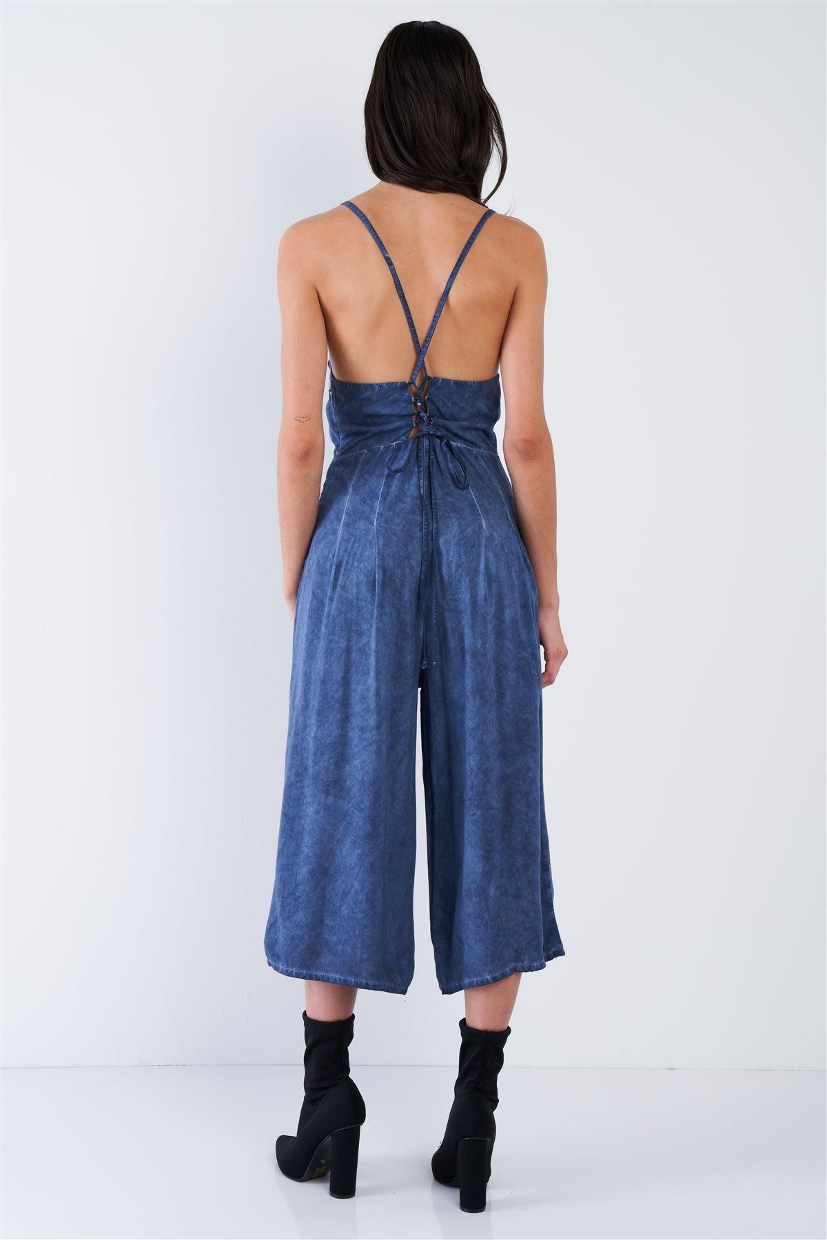 Navy Mock Denim Blue Acid Wash Wide Leg Gaucho Jumpsuit  /1-2-1