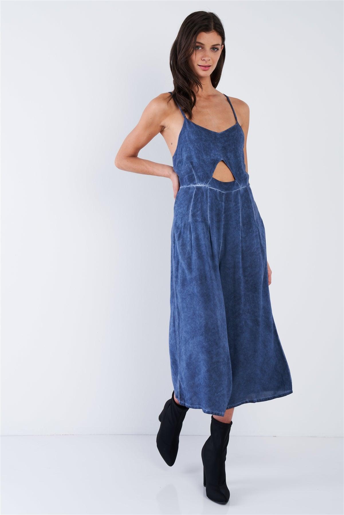 Navy Mock Denim Blue Acid Wash Wide Leg Gaucho Jumpsuit  /1-2-1