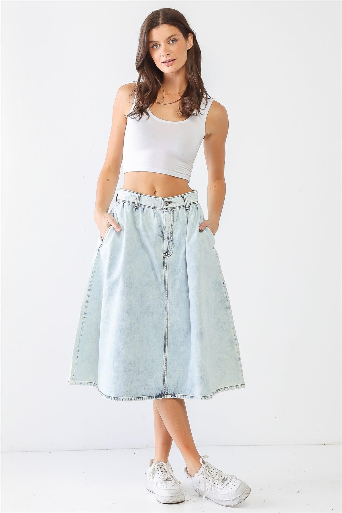 Acid Wash Denim Cotton Two Pocket Flare Hem Midi Skirt /1-2-1