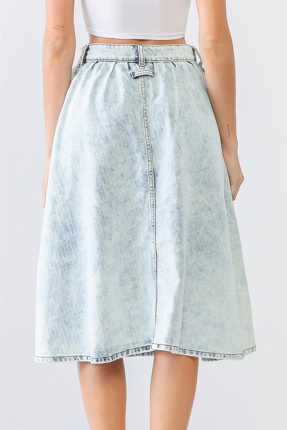 Acid Wash Denim Cotton Two Pocket Flare Hem Midi Skirt /1-2-1