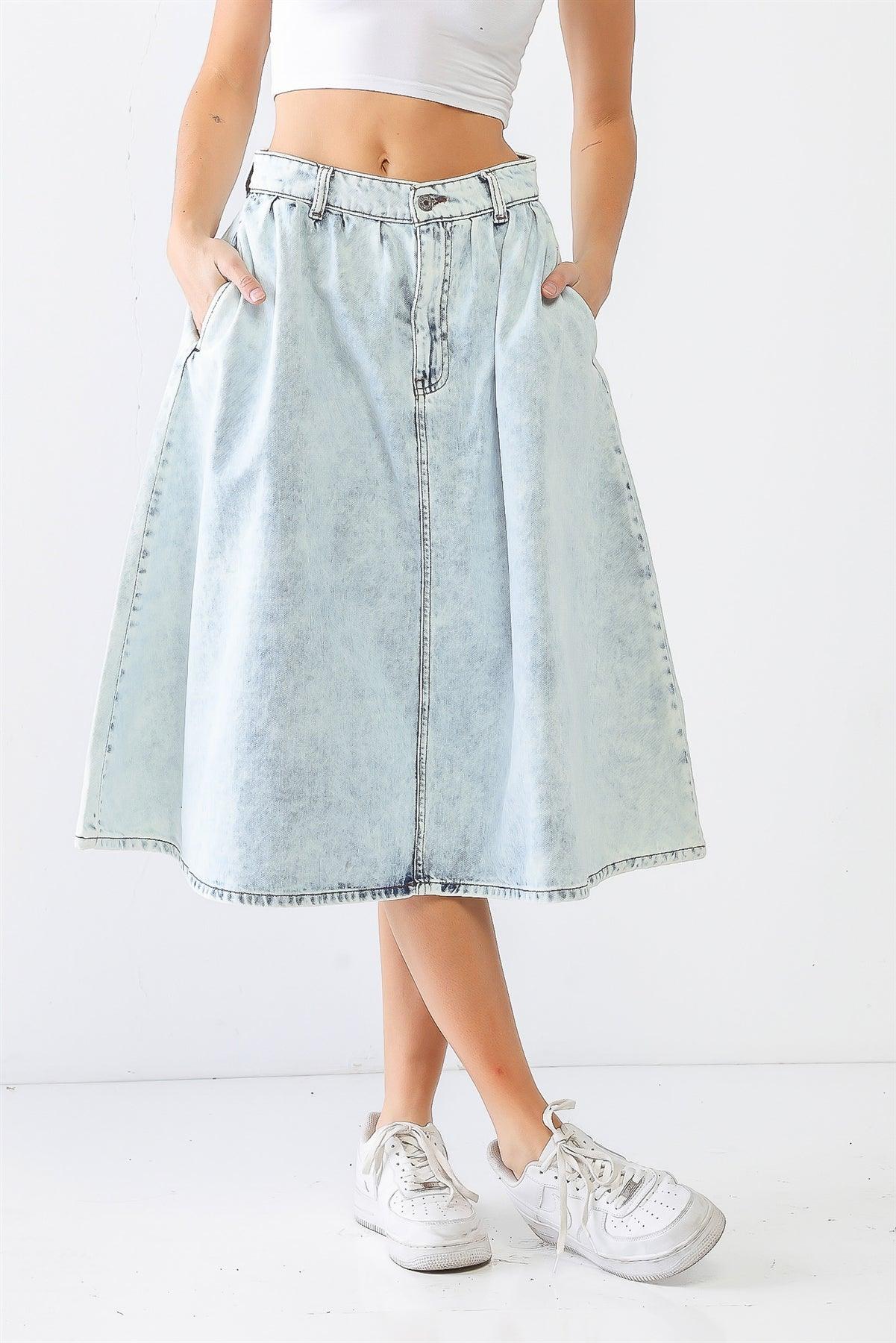 Acid Wash Denim Cotton Two Pocket Flare Hem Midi Skirt /1-2-1