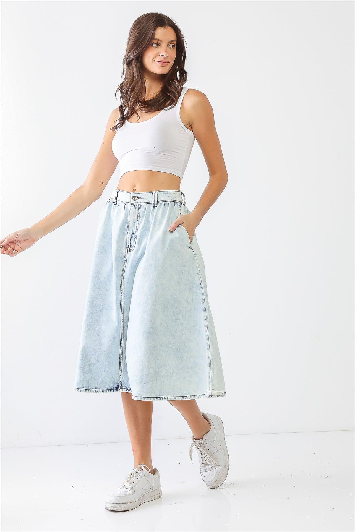 Acid Wash Denim Cotton Two Pocket Flare Hem Midi Skirt /1-2-1