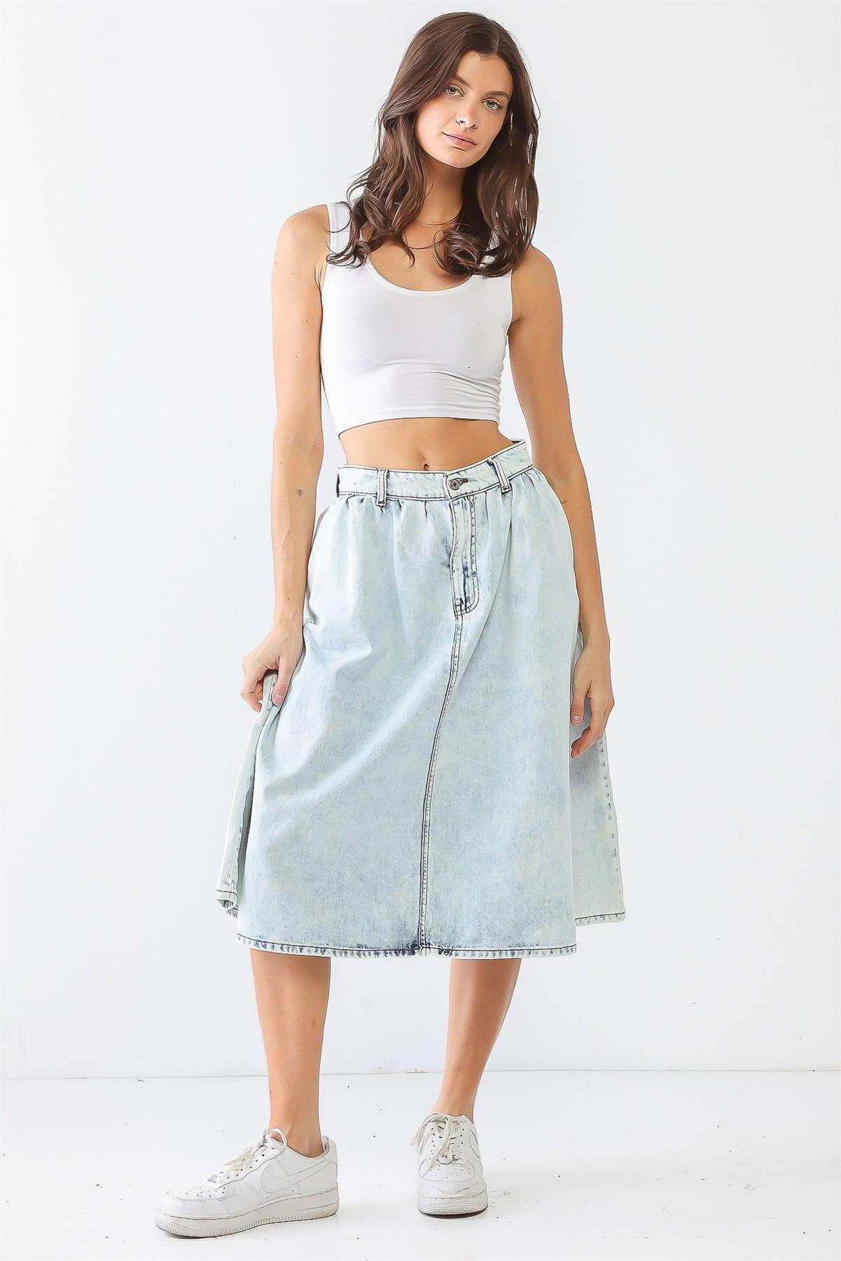 Acid Wash Denim Cotton Two Pocket Flare Hem Midi Skirt /3-2-1