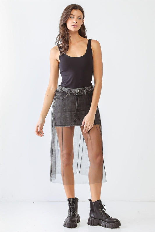 Black Denim Mesh Five Pocket Trim Hem Mini Skirt /3-2-1