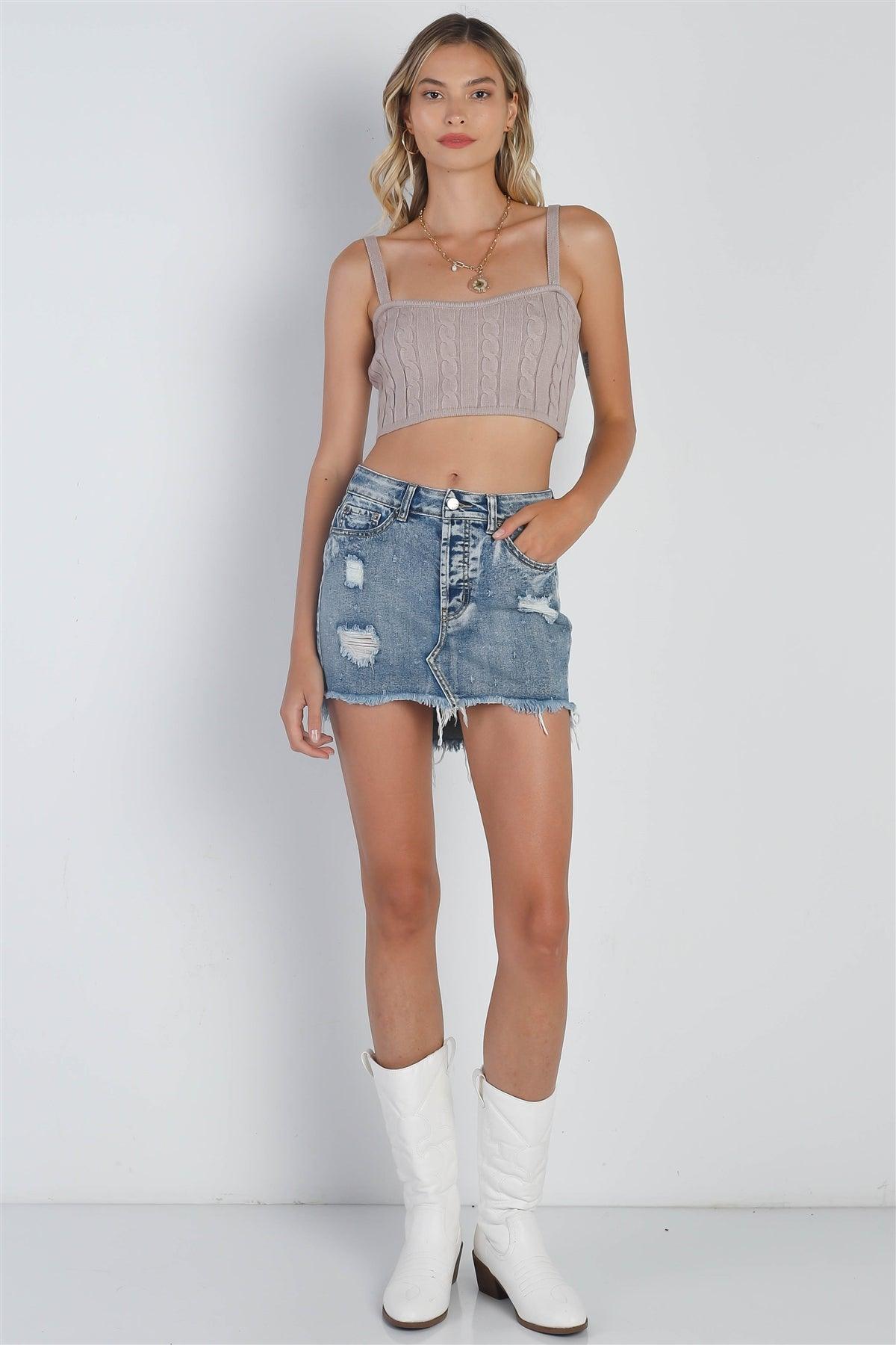 Dark Denim High Waist Distressed Raw Hem Detail Mini Skirt /3-2-1