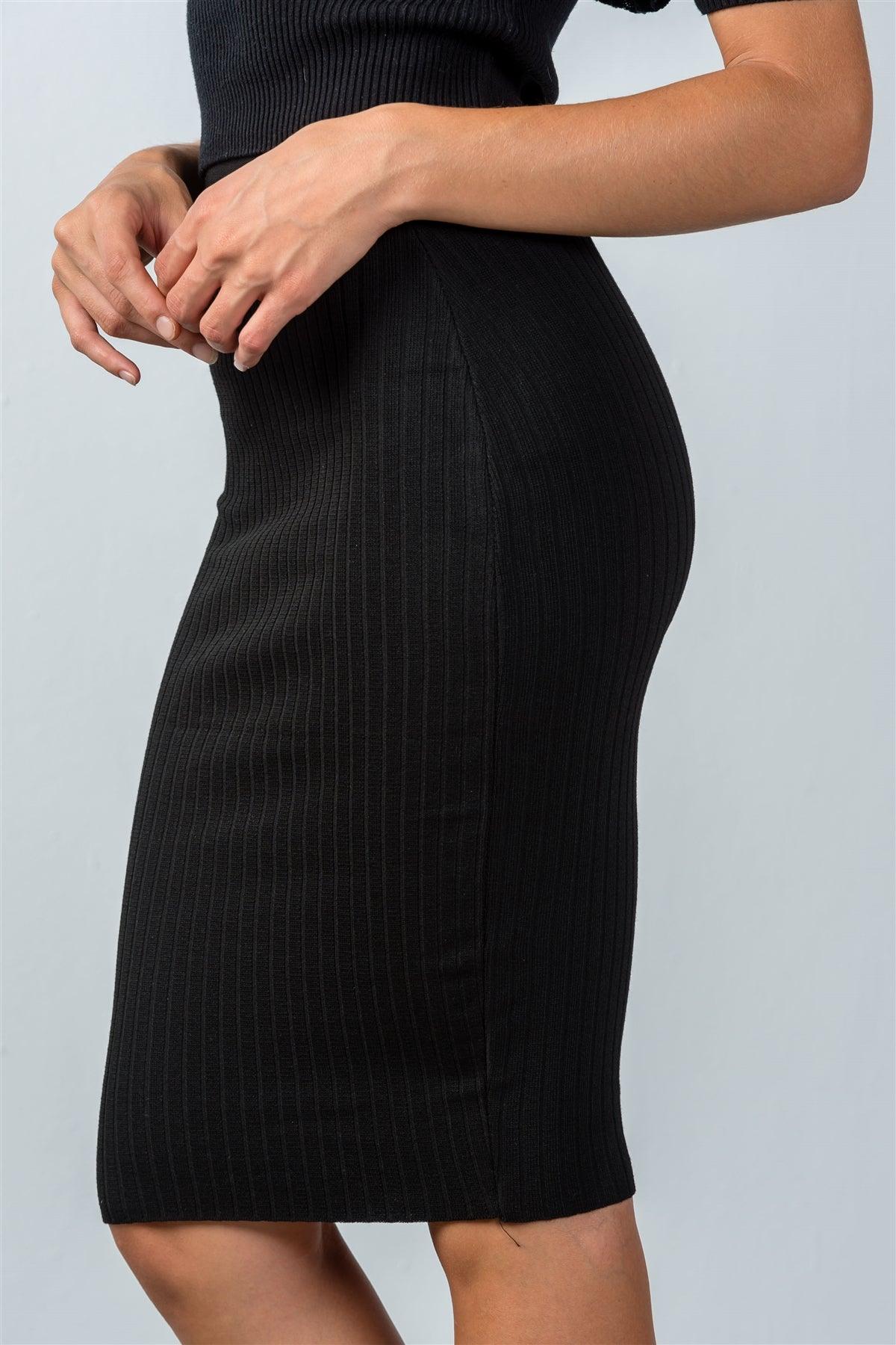 Black Ribbed Knit Knee Length Pencil Skirt /2-2-2