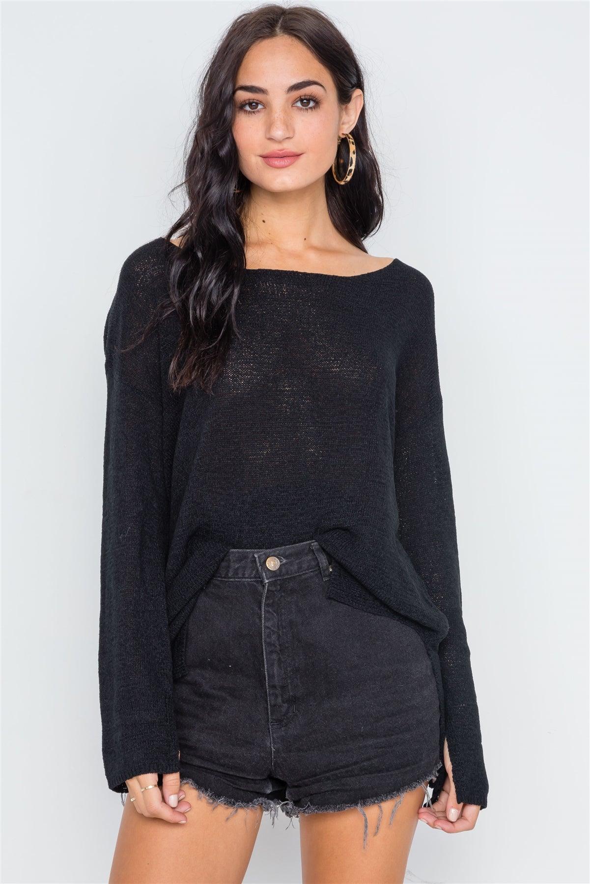 Black Scoop Neck Long Sleeves Sweater /2-2-2