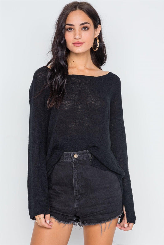 Black Scoop Neck Long Sleeves Sweater /2-2-2