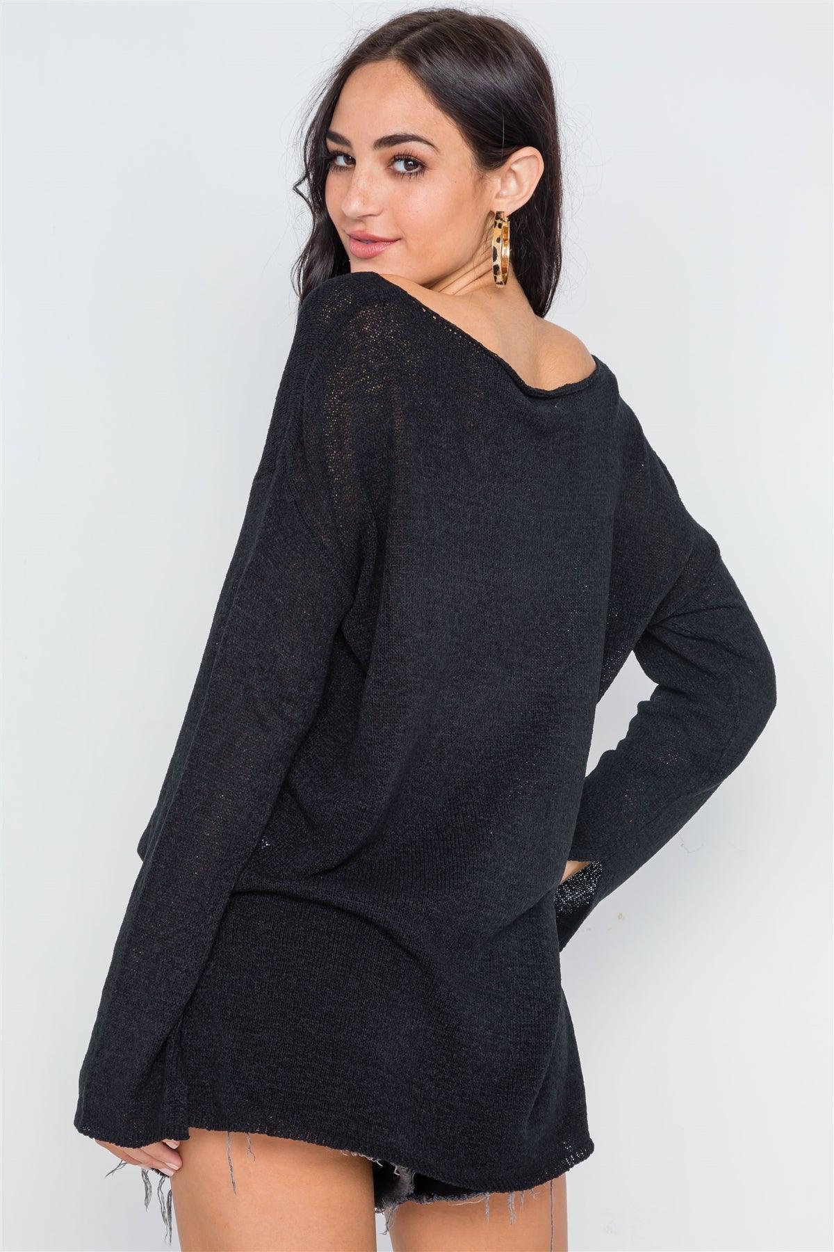 Black Scoop Neck Long Sleeves Sweater /2-2-2