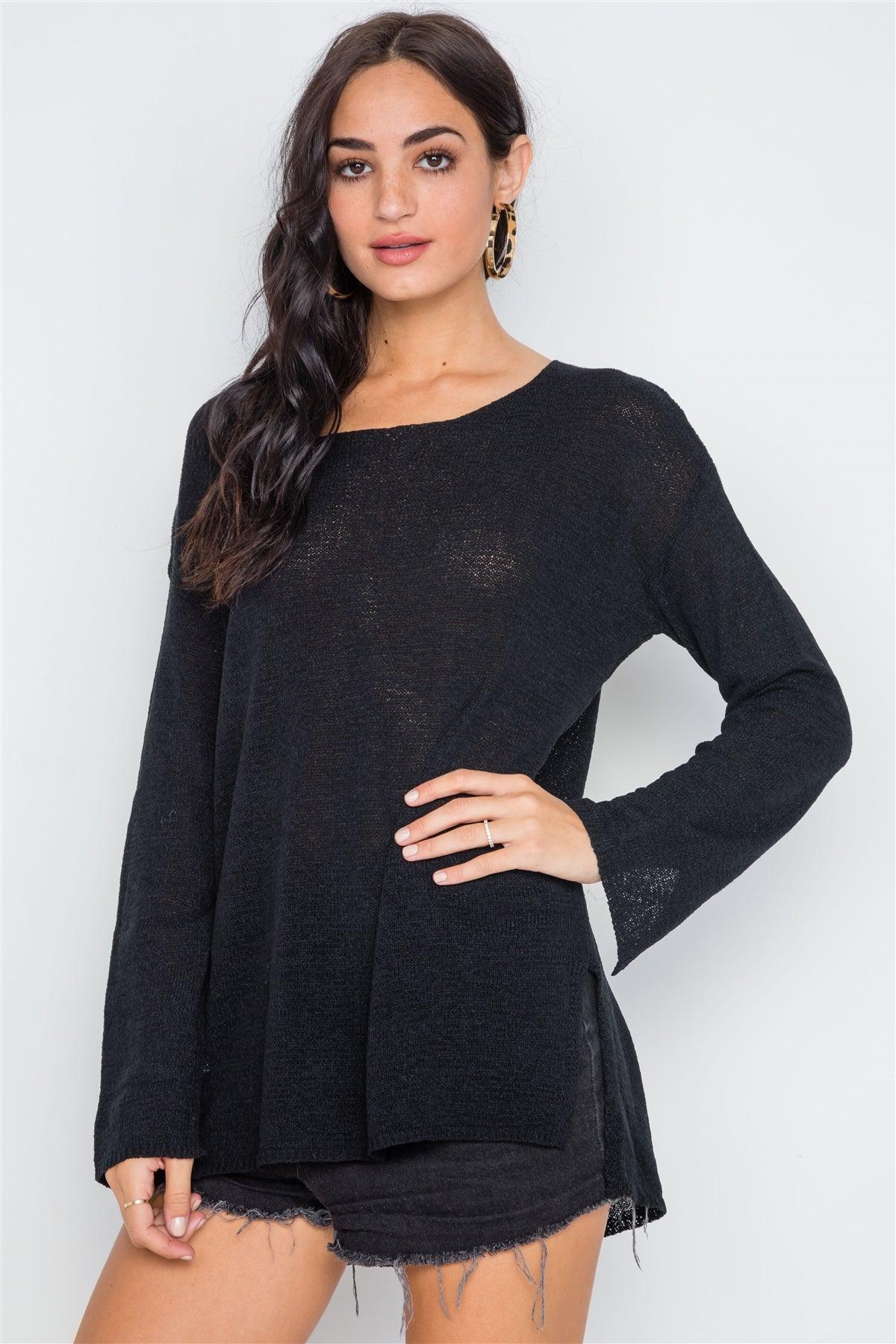 Black Scoop Neck Long Sleeves Sweater /2-2-2