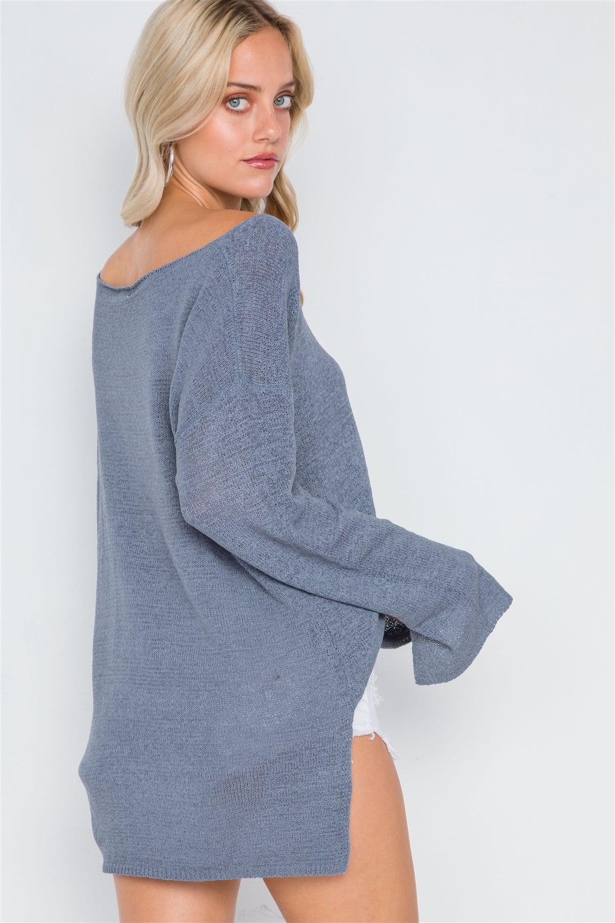 Blue Grey Scoop Neck Long Sleeves Sweater /2-2-2