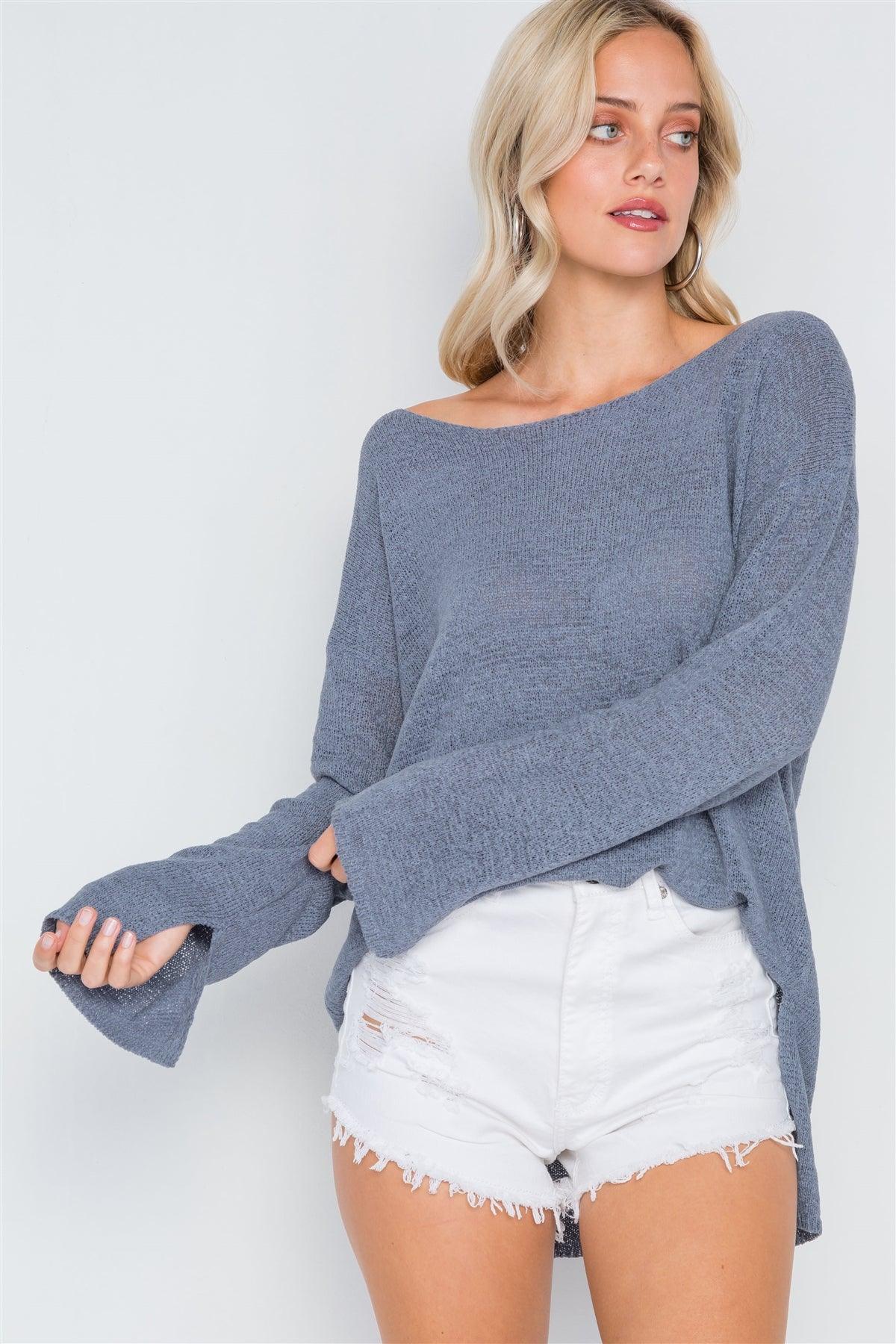 Blue Grey Scoop Neck Long Sleeves Sweater /2-2-2