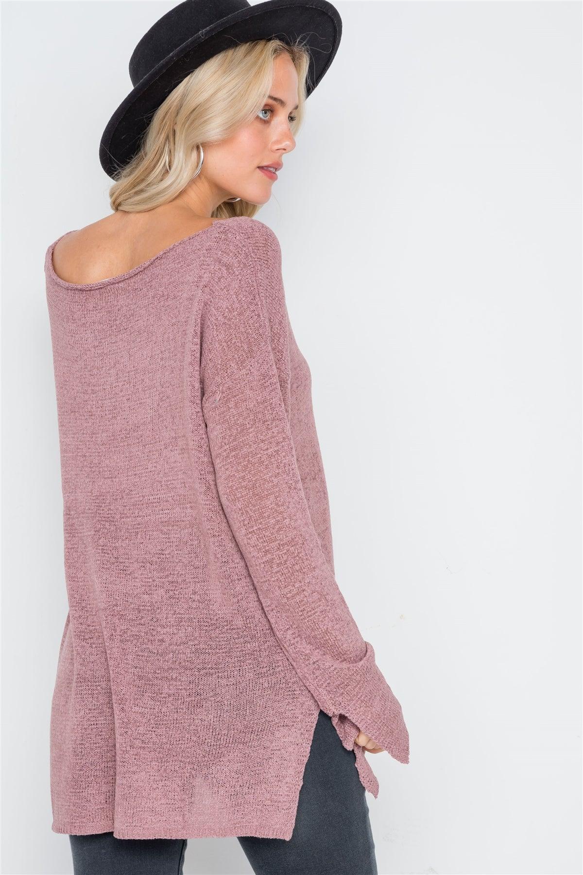 Pale Mauve Scoop Neck Long Sleeves Sweater /2-2-2