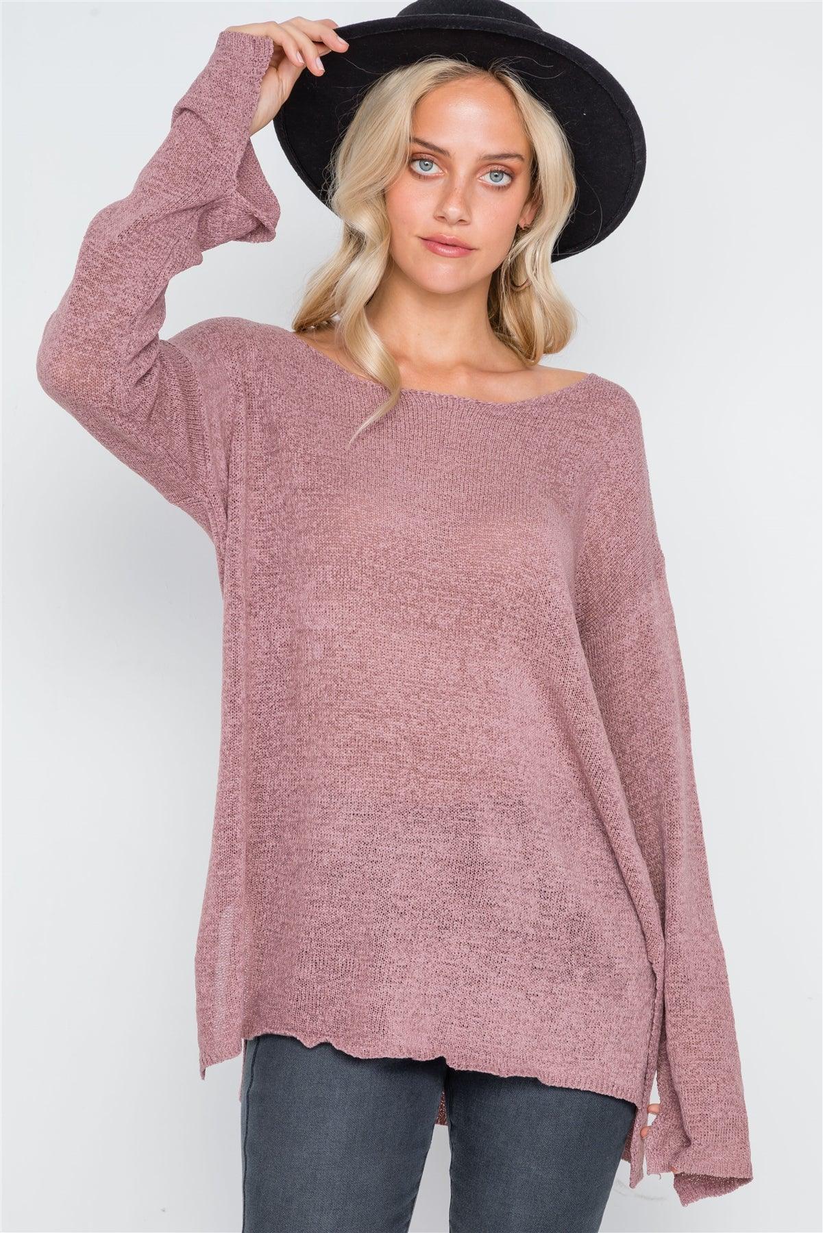 Pale Mauve Scoop Neck Long Sleeves Sweater /2-2-2