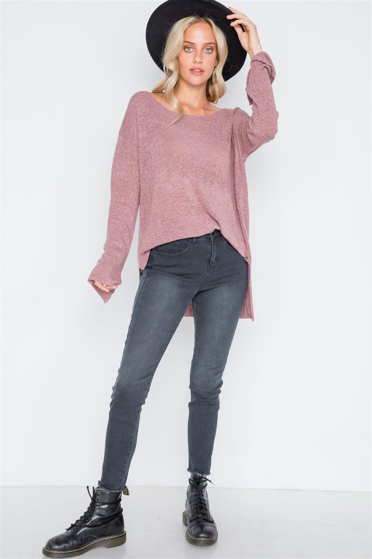 Pale Mauve Scoop Neck Long Sleeves Sweater /2-2-2