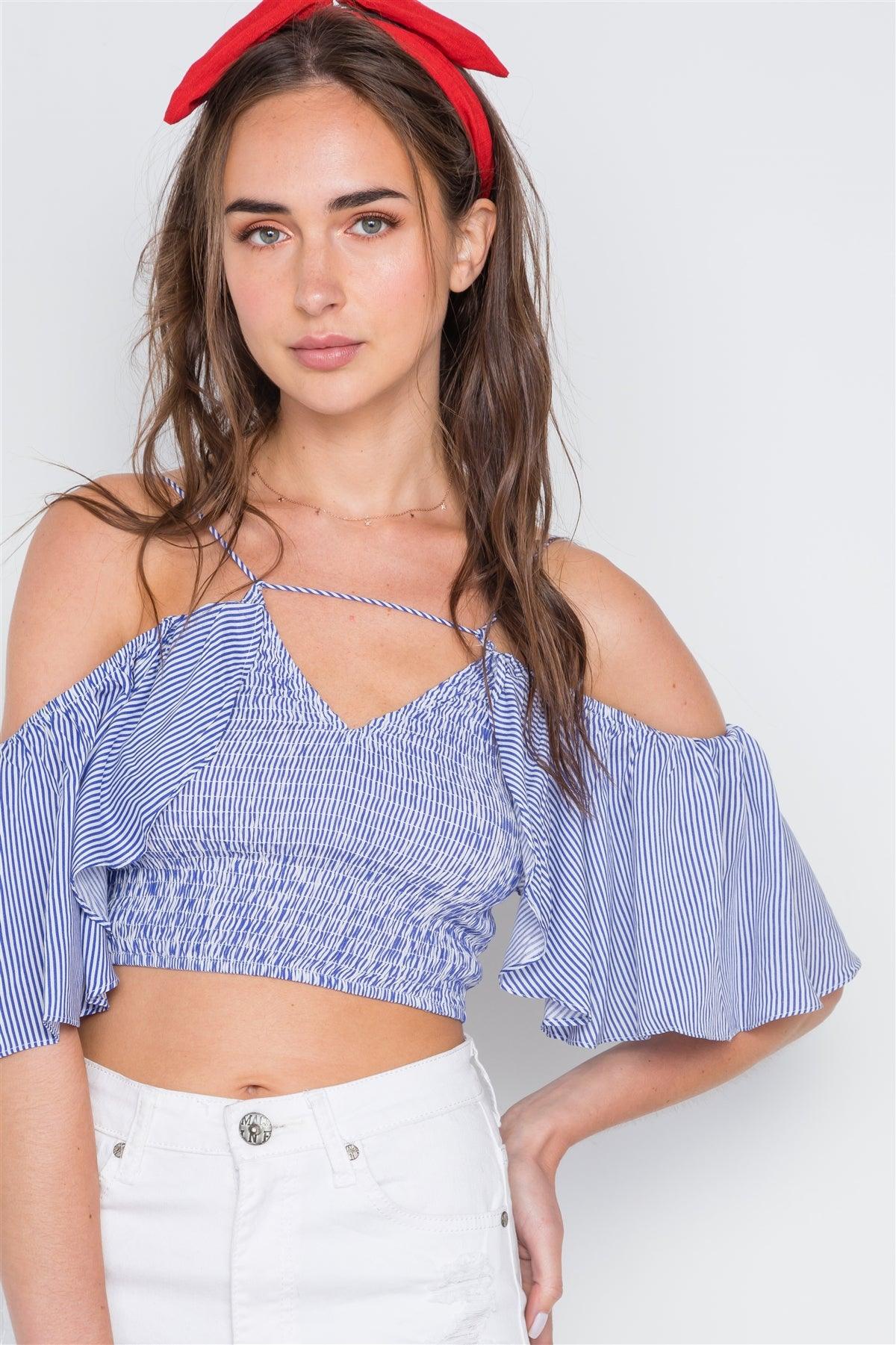 Blue Stripe Smocked Off-The-Shoulder Crop Top /4-2-1