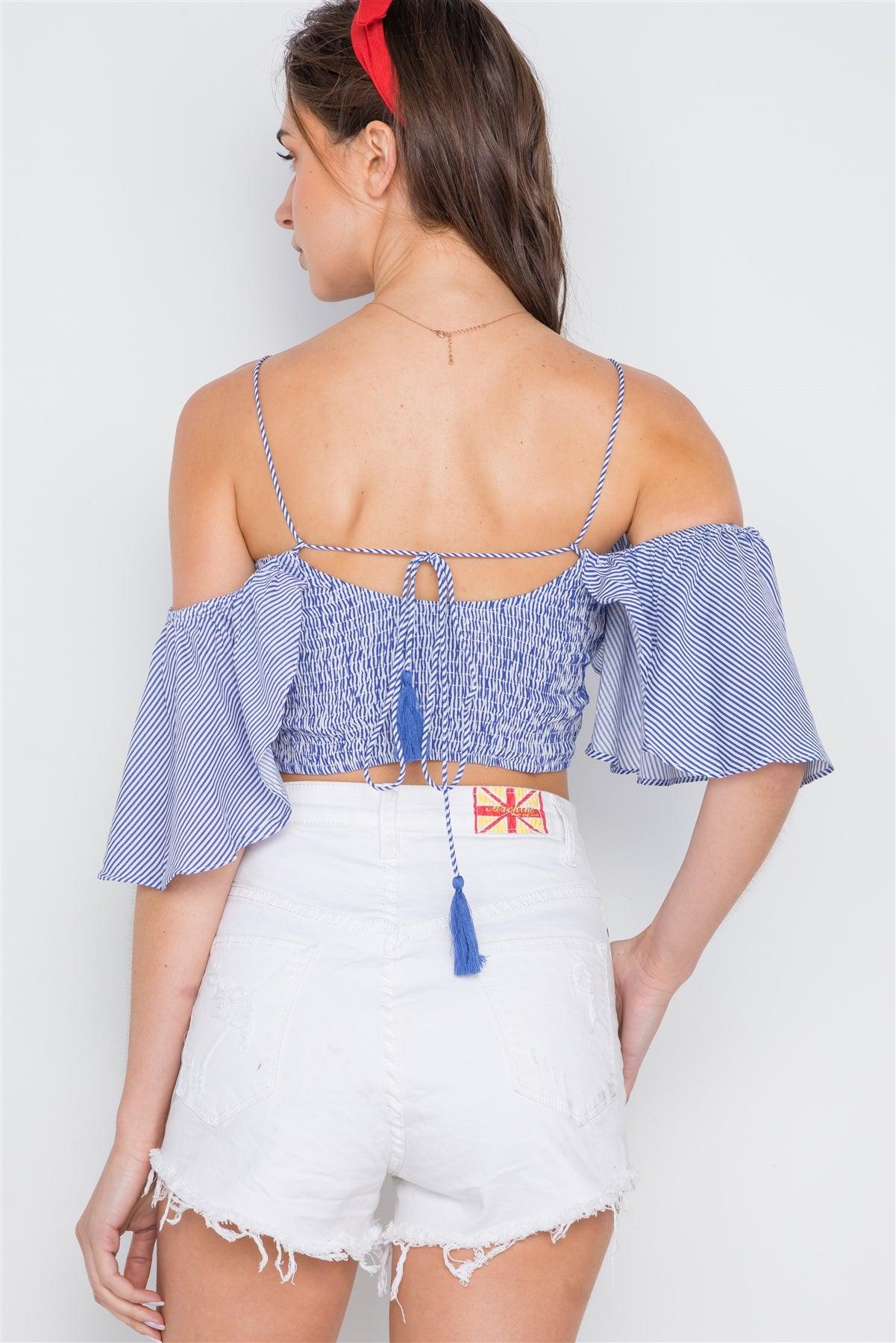 Blue Stripe Smocked Off-The-Shoulder Crop Top /4-2-1