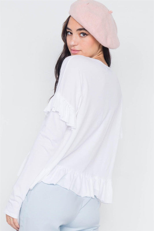 White Cotton Asymmetrical Layered Raw Cut Flounce Top /3-2-1