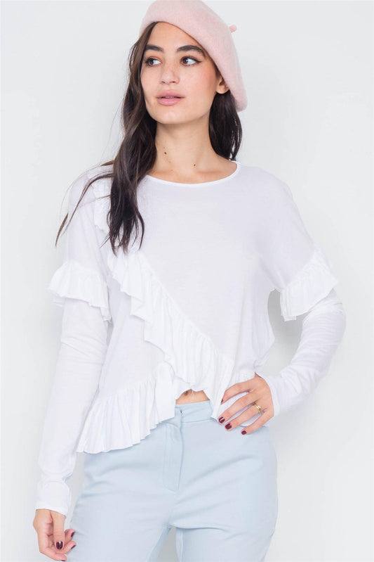 White Cotton Asymmetrical Layered Raw Cut Flounce Top