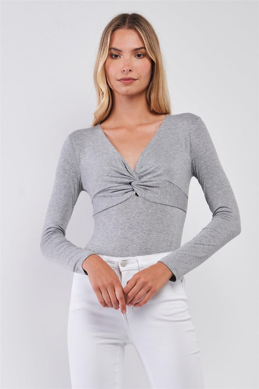 Heather Grey V-Neck Twist Front Long Sleeve Bodysuit