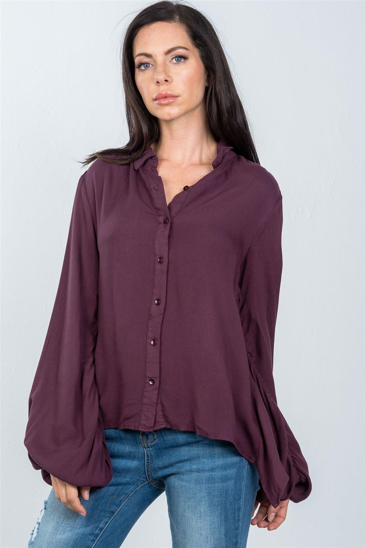 Plum Tie Back Ruched Bell Sleeve Boho Shirt /3-2-1