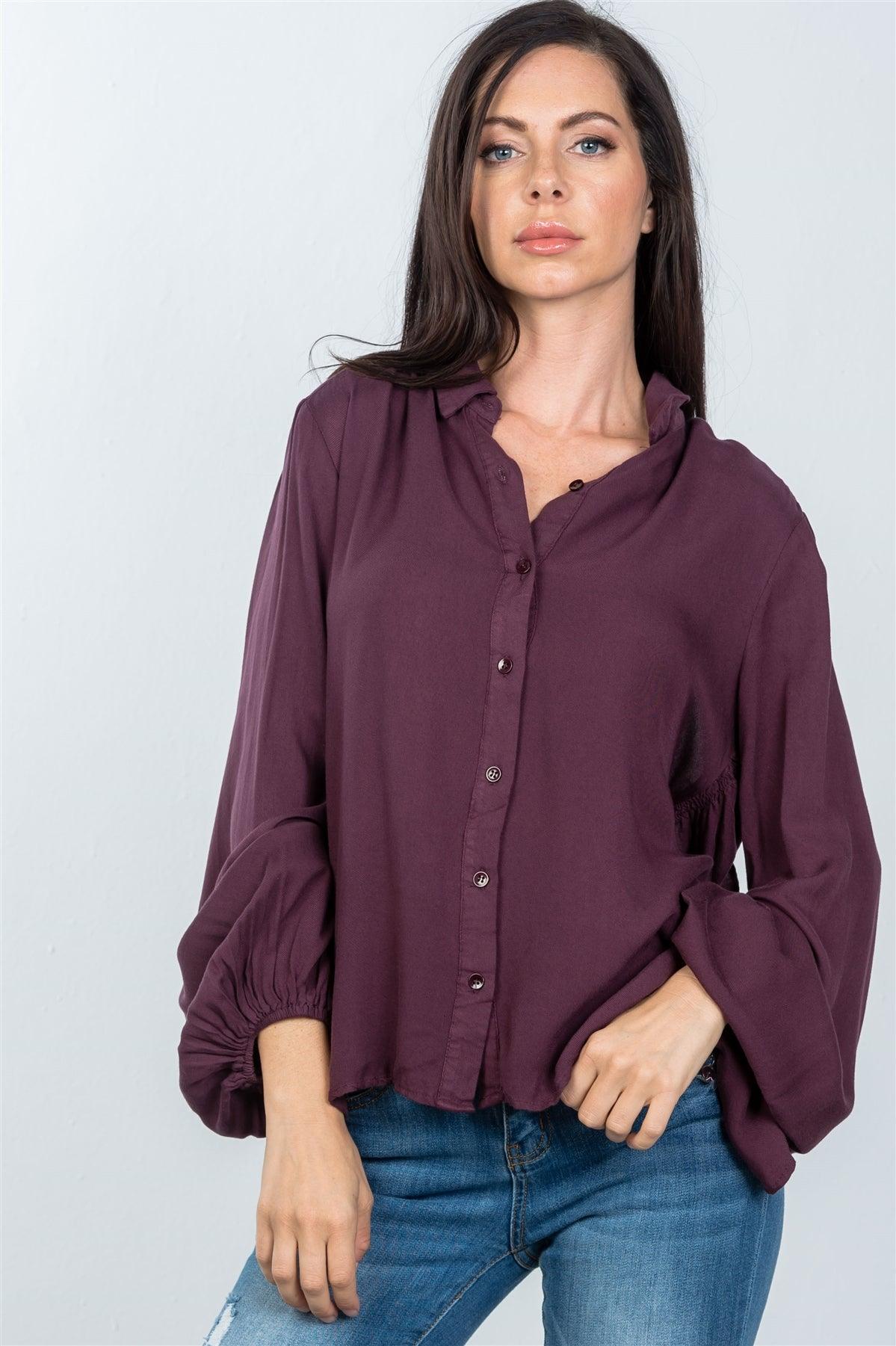 Plum Tie Back Ruched Bell Sleeve Boho Shirt /3-2-1