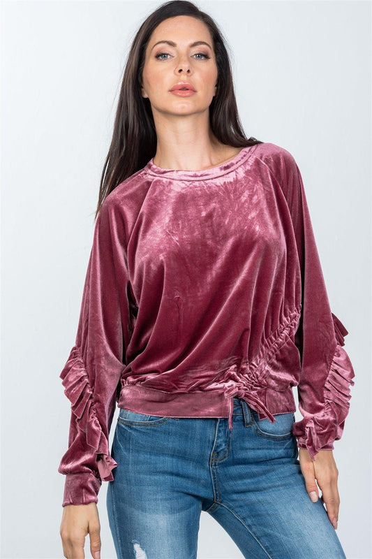 Wood Rose Velvet Ruched Drawstring Ruffle Sleeves Sweater /3-2-1