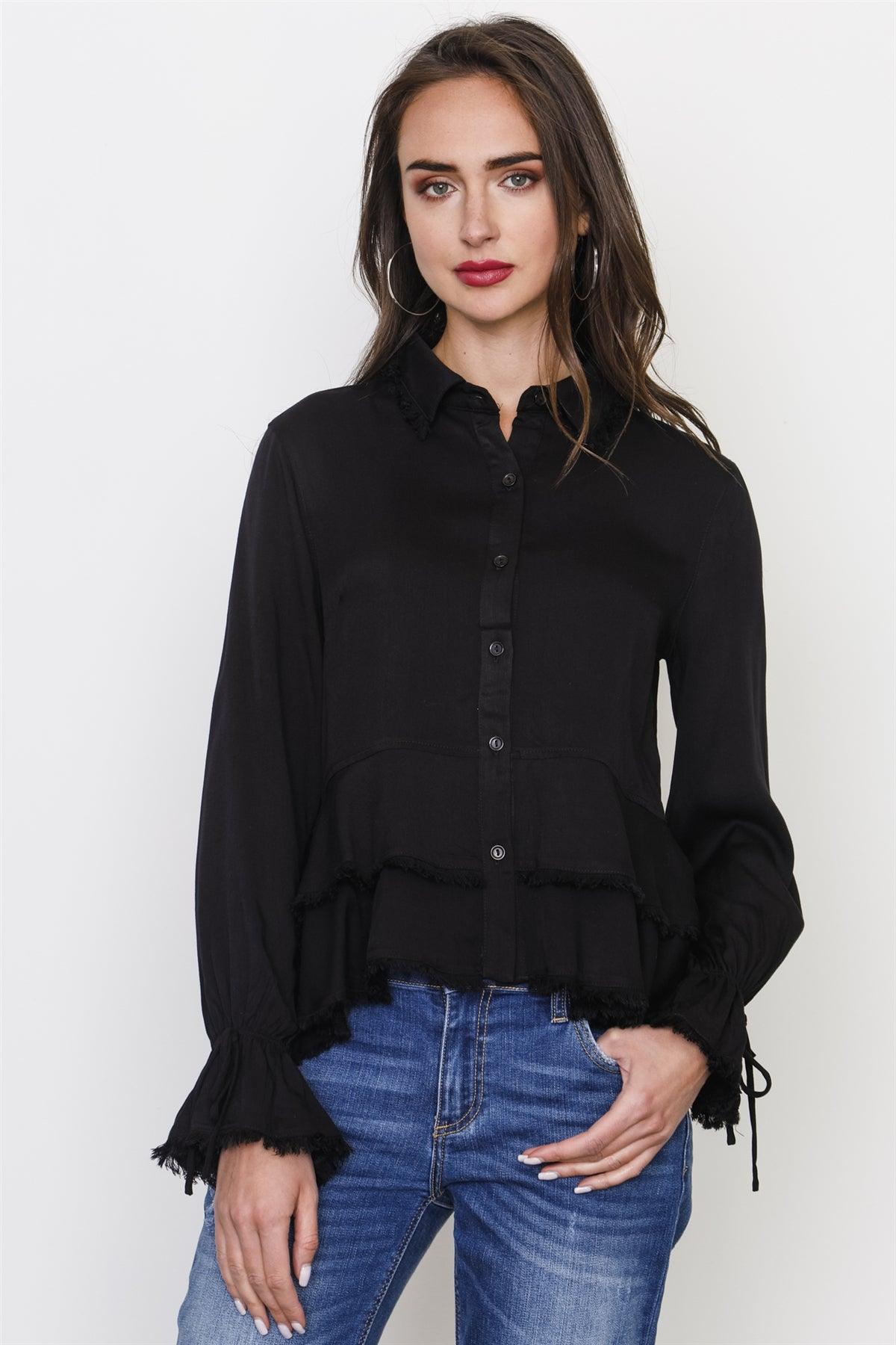 Black Frayed Hem Button Down Blouse /3-2-1