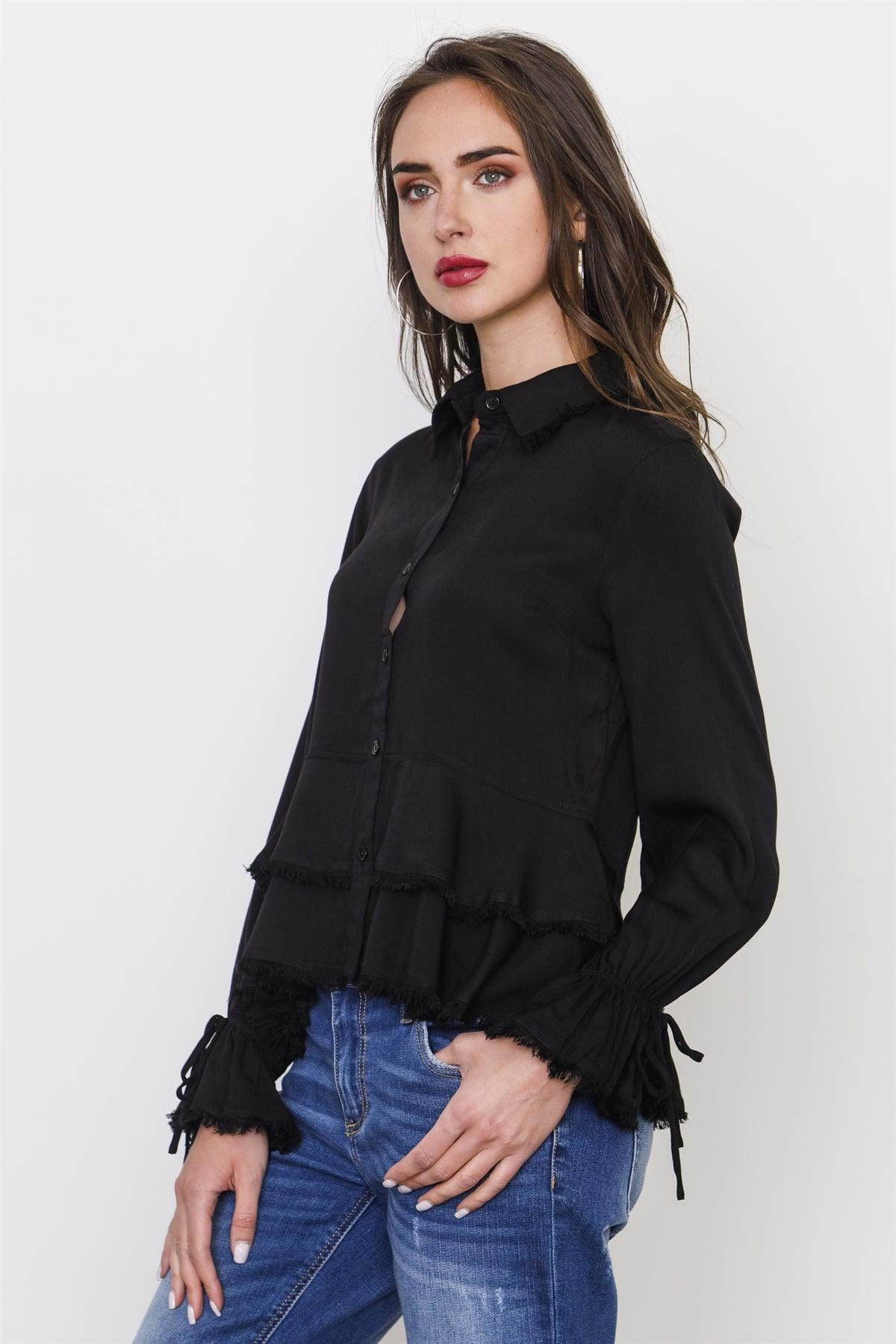 Black Frayed Hem Button Down Blouse /3-2-1