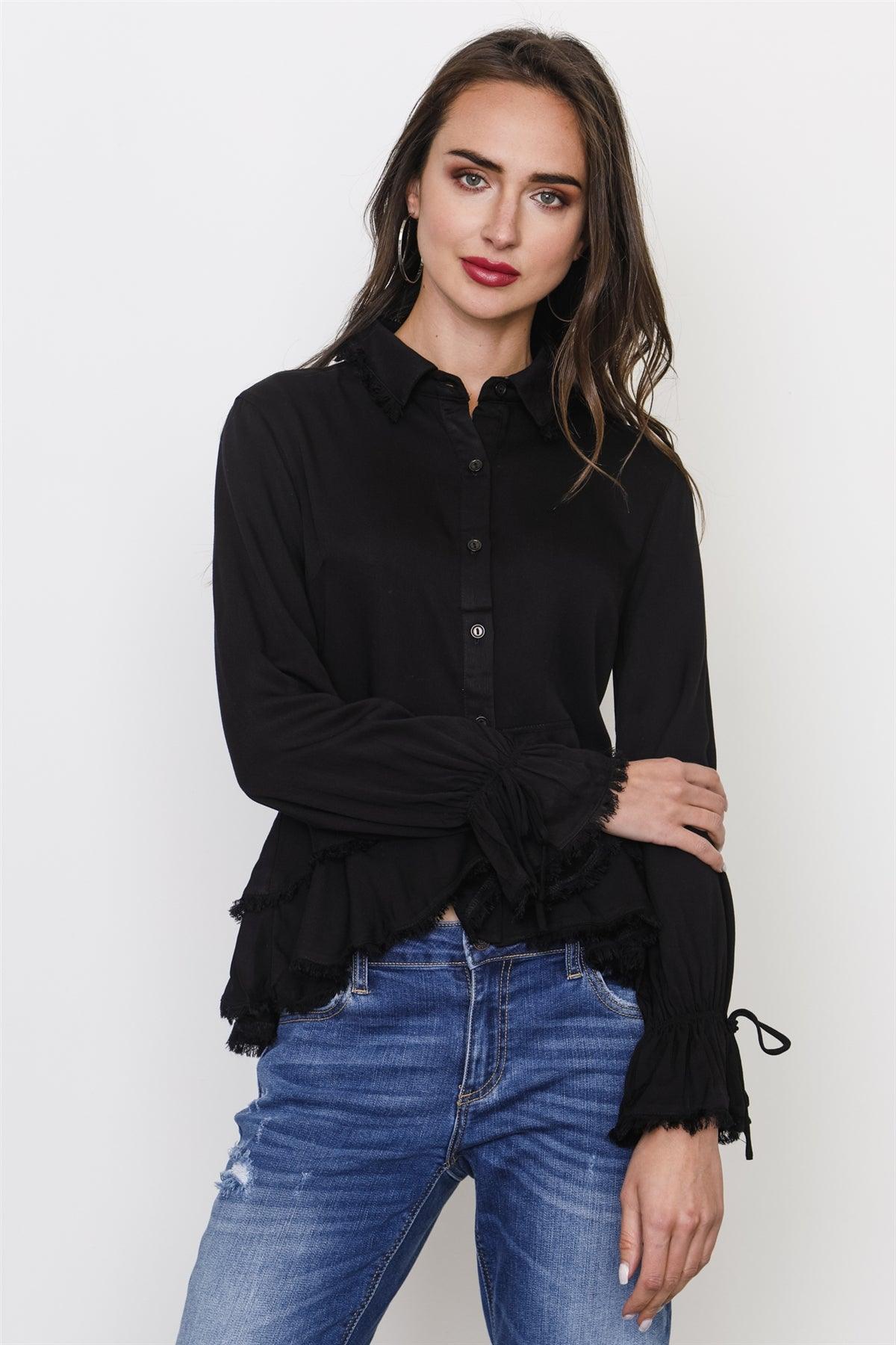 Black Frayed Hem Button Down Blouse /3-2-1