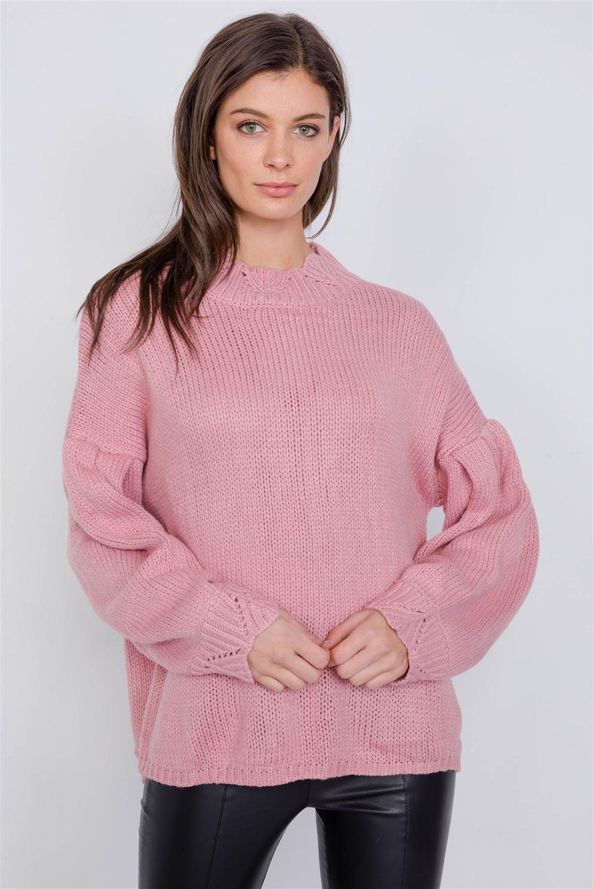 Mauve Crotchet Knit Drop Shoulder Casual Oversized Sweater /2-2-1