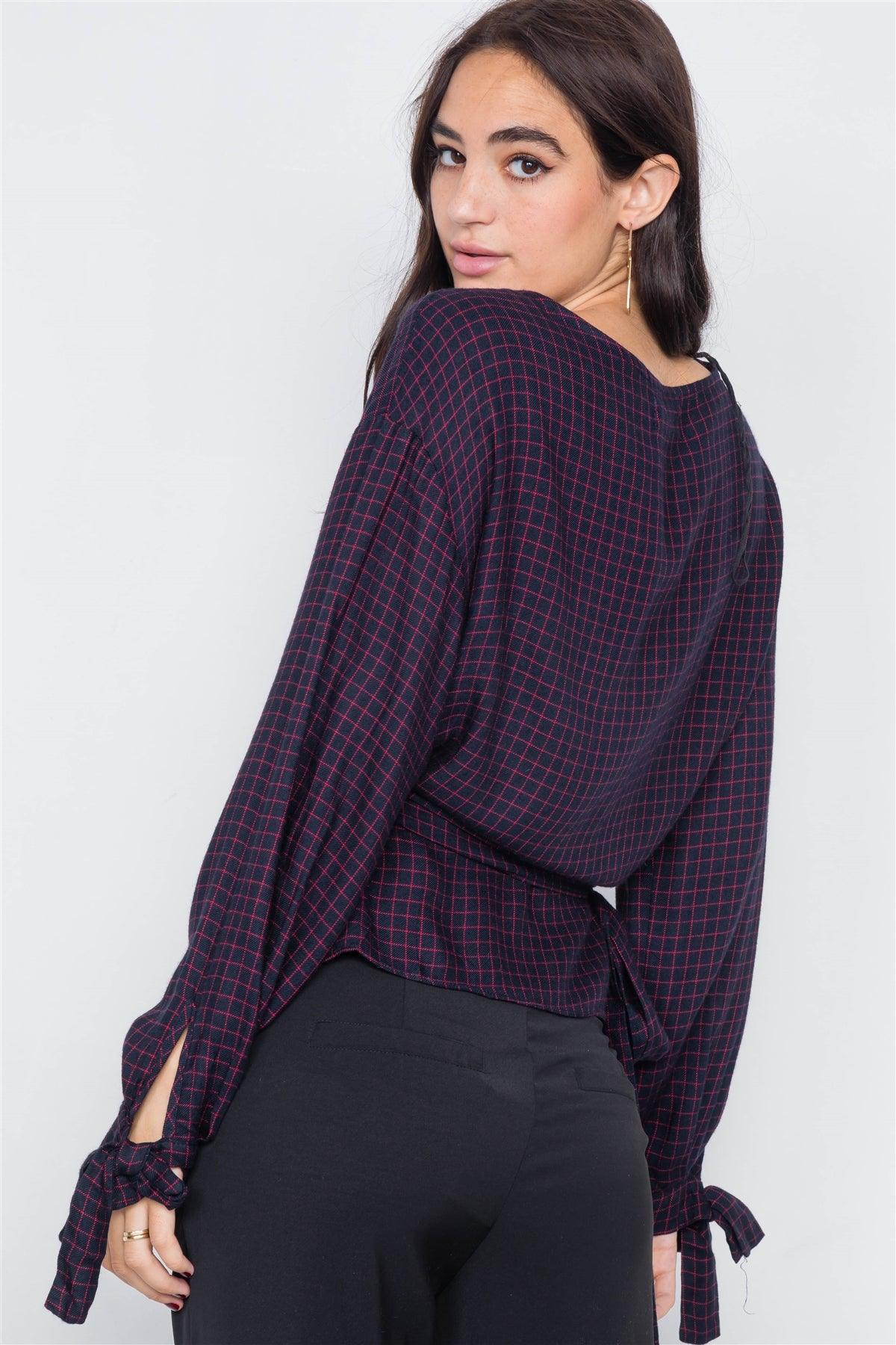 Navy & Red Plaid Side Wrap Knot Crop Top /3-2-1