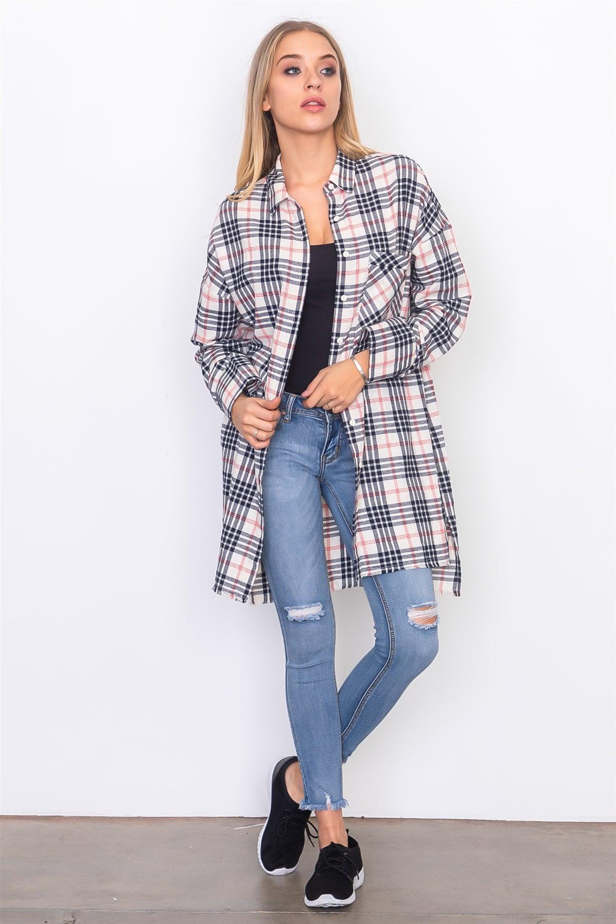 Cream Frayed Hem Plaid Button Down Shirt Dress /3-2-1