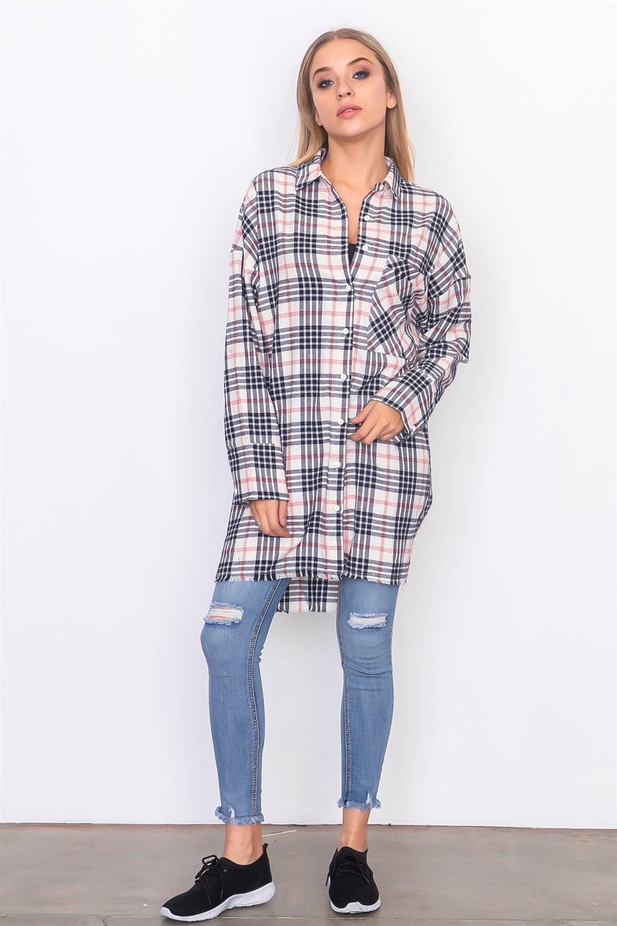 Cream Frayed Hem Plaid Button Down Shirt Dress /3-2-1