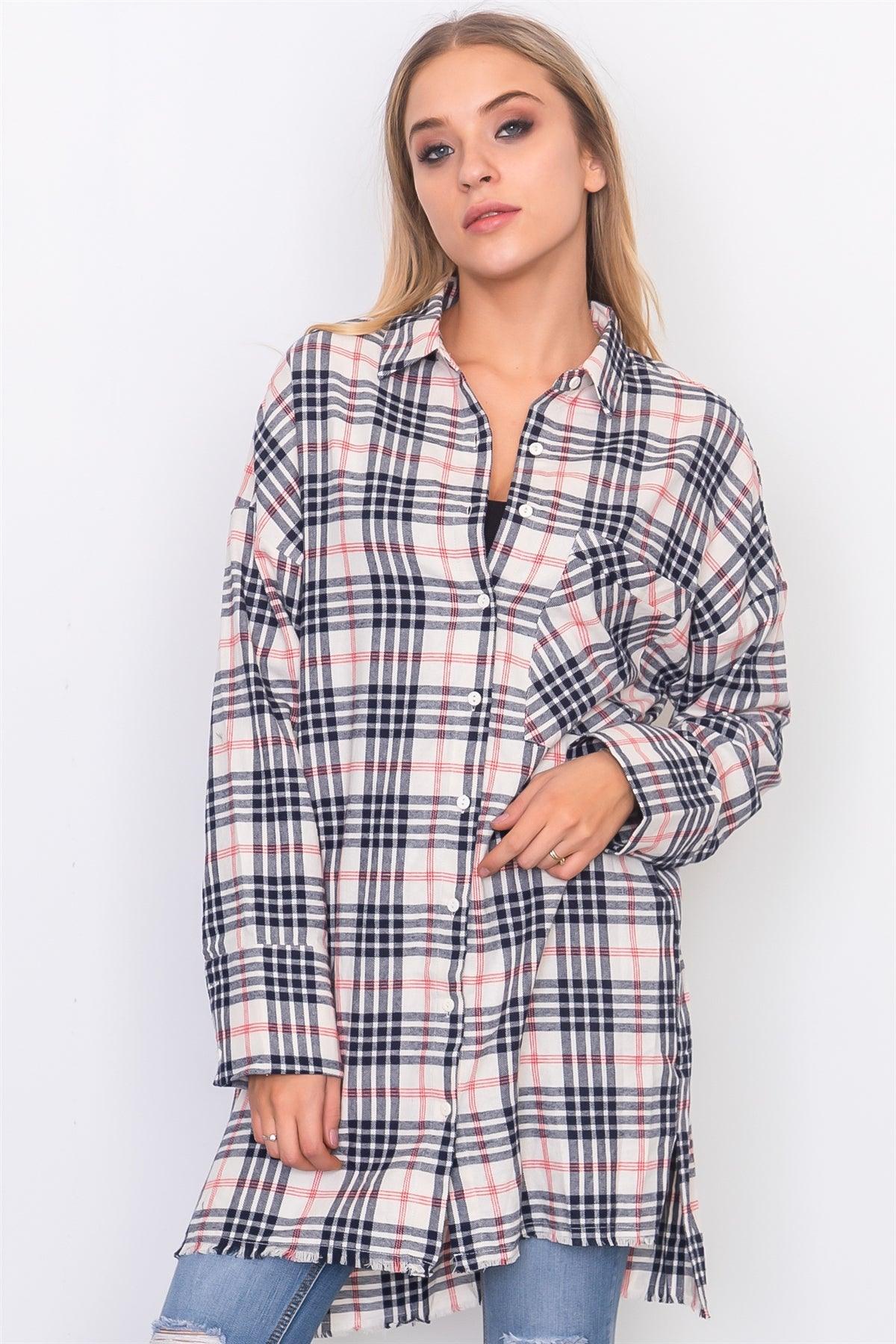 Cream Frayed Hem Plaid Button Down Shirt Dress /3-2-1